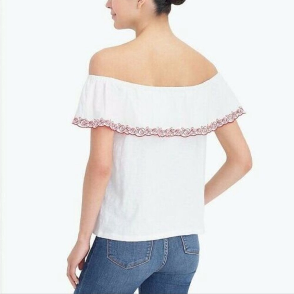 J. Crew Embroidered Off the Shoulder Ivory White Navy Top Medium - Picture 3 of 7